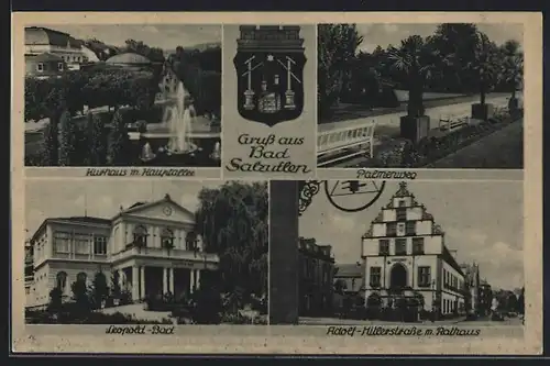 AK Bad Salzuflen, Kurhaus u. Hauptallee, Leopold-Bad, Palmenweg, Str. m. Rathaus, Wappen