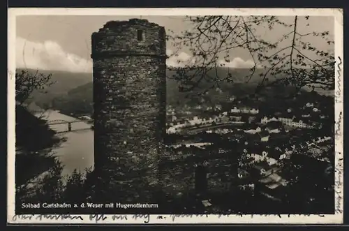 AK Carlshafen a. d. Weser, Ortsansicht mit Hugenottenturm