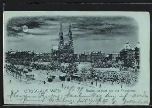 Mondschein-AK Wien, Maximilianplatz mit der Votivkirche