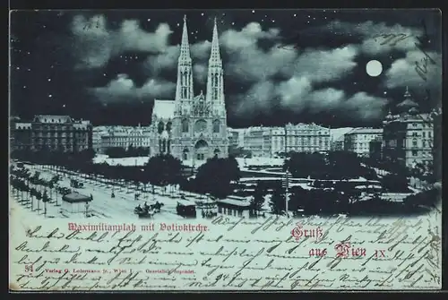 Mondschein-AK Wien, Maximilianplatz mit Votivkirche