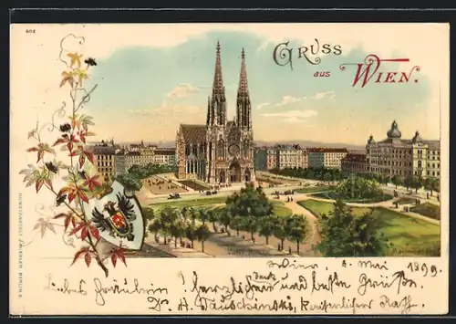 Lithographie Wien, Votivkirche aus der Vogelschau