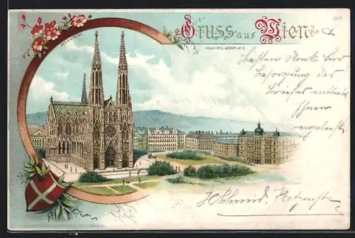 AK Wien, Maximiliansplatz mit Kirche