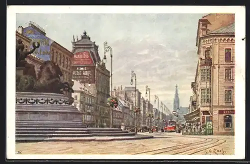 Künstler-AK Wien, Praterstrasse mit Strassenbahn