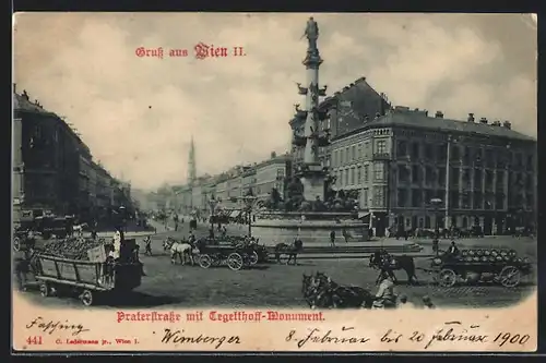 AK Wien, Pferdekutschen am Tegetthoff-Monument in der Praterstrasse