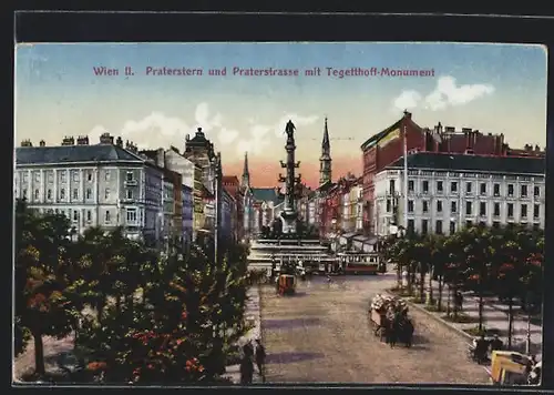 AK Wien, Praterstern und Praterstrasse mit Tegetthoff-Monument