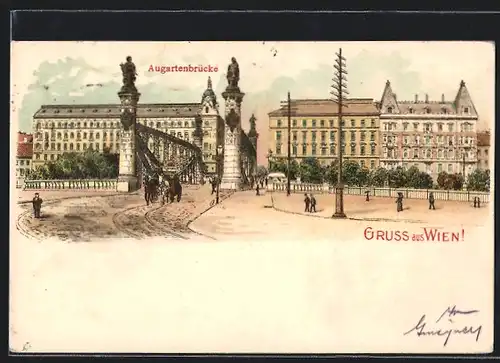Lithographie Wien, Partie mit Augartenbrücke
