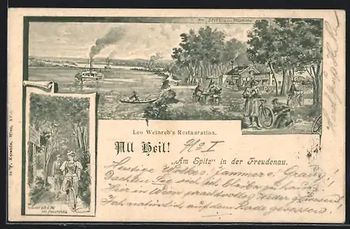 Künstler-AK Wien, Freudenau, Leo Weinreb`s Restauration Am Spitz