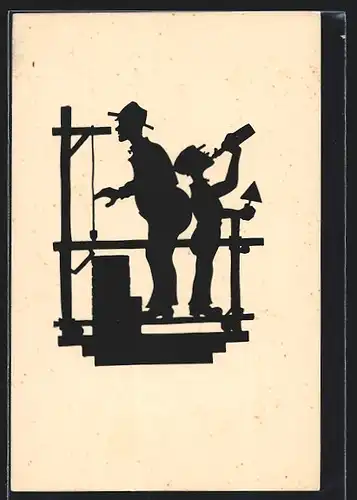 Künstler-AK Genau visiert der Herr Polier..., Lehrling am Trinken