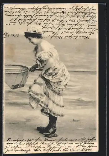 AK Dame im Kleid beim Kriebsfischen