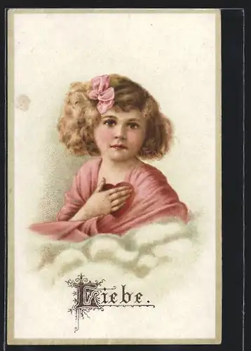 Lithographie Liebe - Kleines Mädchen mit Hand an Herzsymbol