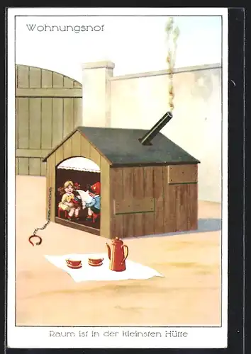 Künstler-AK Wohnungsnot, Däumlings-Paar wohnt in einer kleinen Hütte