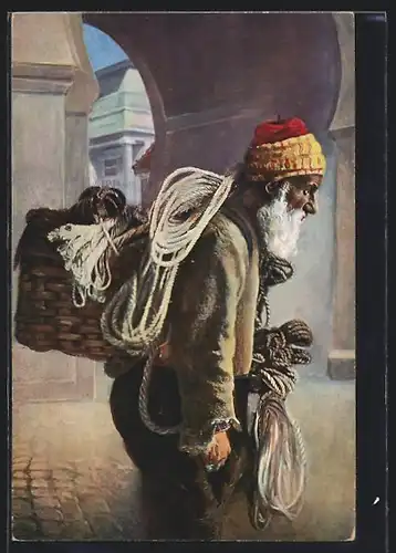 AK Alter arabischer Händler mit einem Korb voller Seile