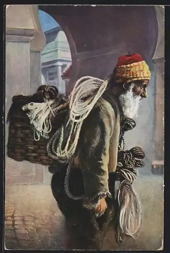 AK Alter arabischer Händler mit einem Korb voller Seile