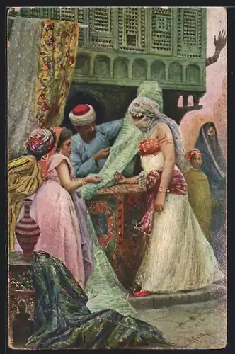 AK Zwei Frauen und arabische Händler mit Tuch