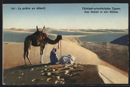AK Ägypten, Araber mit Kamel betet in der Wüste