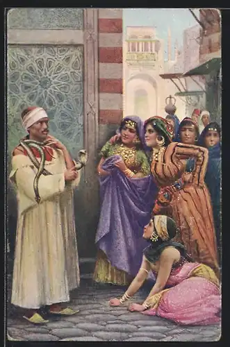 AK Schlangenzähmer und buntgekleidete Frauen