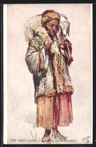 Künstler-AK A Syrien Shepherd, syrischer Schafshirte mit Lamm auf den Schultern
