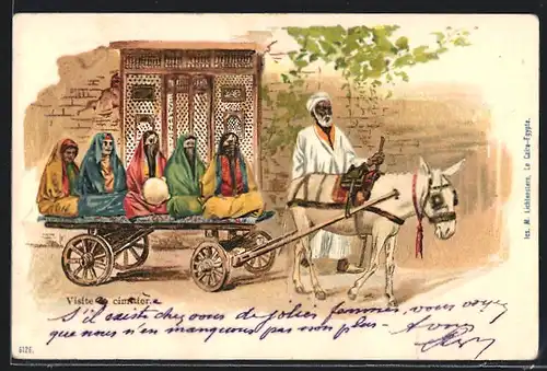 Lithographie Eselgespann mit Muslima Visite de cimitier