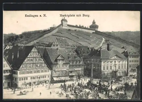 AK Esslingen a. N., Marktplatz mit Burg und Geschäften