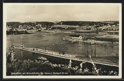 AK Stuttgart-Hofen, Strandbad mit Strand-Kaffee am Stausee