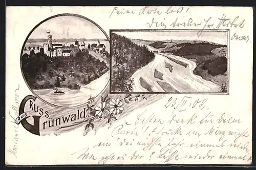 Lithographie Grünwald, Schloss und Flusspartie
