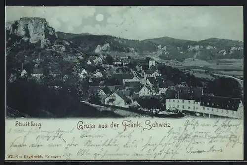 Mondschein-AK Streitberg in der Fränk. Schweiz, Ortsansicht aus der Vogelschau