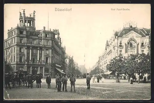 AK Düsseldorf, Graf Adolf-Strasse, Hotel Hansa, Hotel Bristol, Kutsche