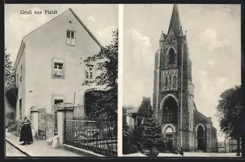 AK Plaidt, Kirche, Strassenpartie mit Wohnhaus