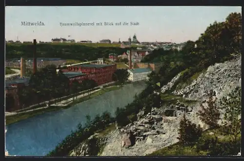 AK Mittweida, Baumwollspinnerei mit Blick auf die Stadt