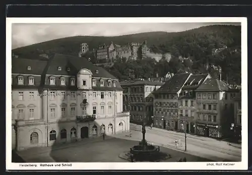 AK Heidelberg, Teilansicht mit Rathaus, Schloss und Gasthof zum Goldenen Falken