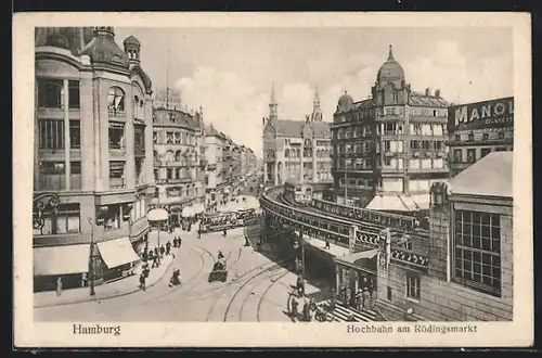 AK Hamburg, Hochbahn am Rödingsmarkt mit Geschäften