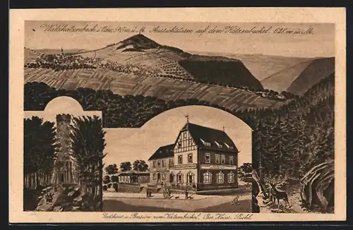 AK Waldkatzenbach i. Odw., Gasthaus & Pension zum Katzenbuckel, Bes. Heinr. Ruhl, Aussichtsthurm a. d. Katzenbuckel