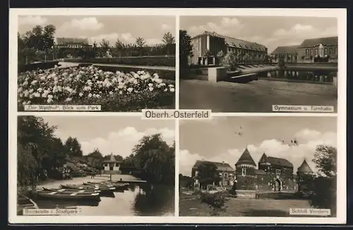 AK Oberhausen-Osterfeld, Der Waldhof, Blick vom Park, Gymnasium & Turnhalle, Bootsstelle i. Stadtpark, Schloss Vondern