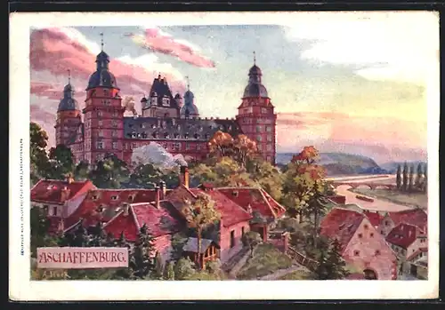 Künstler-AK Aschaffenburg, Blick auf das Schloss über der Stadt