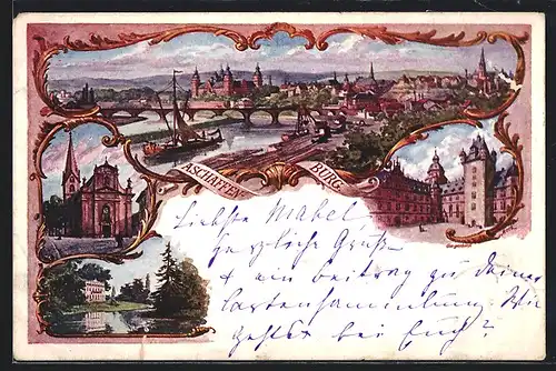 Lithographie Aschaffenburg, Stadtansicht, Schlosshof, Kirche