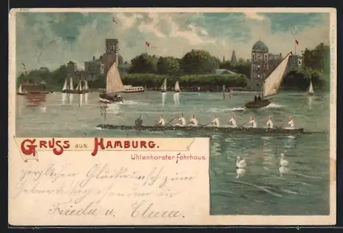 Lithographie Hamburg-Uhlenhorst, Uhlenhorster Fährhaus, Ruderer auf dem See