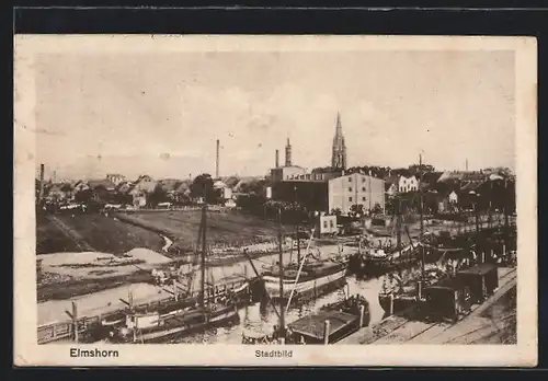 AK Elmshorn, Stadtbild mit Booten im Hafen