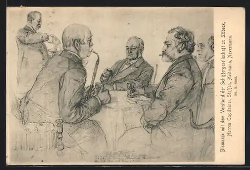 AK Bismarck mit dem Vorstand der Schiffergesellschaft zu Lübeck Herren Capitainen Steffen, Heitmann, Nevermann