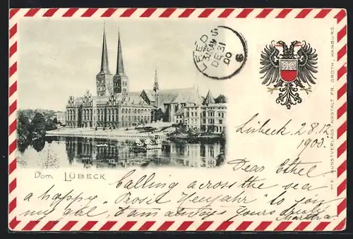 Präge-AK Lübeck, Uferpartie mit Kirche, Wappen