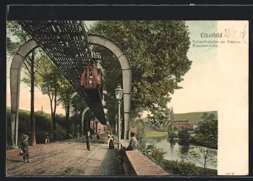 AK Elberfeld, Schwebebahn an Station Hammerstein, Im Hintergrund Kirche