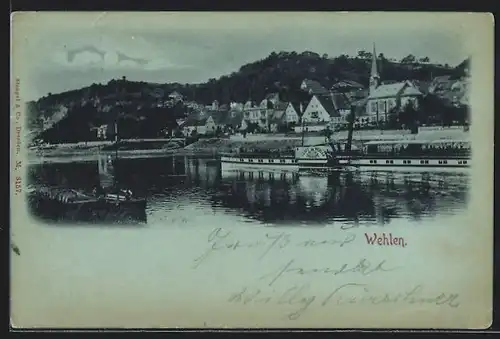 Mondschein-AK Wehlen, Uferpartie mit Kirche und Dampfer Stadt Wehlen