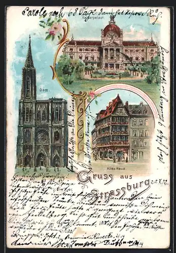 Lithographie Strassburg, Kaiserpalast, Altes Haus, Dom