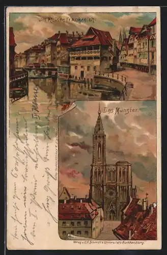 Lithographie Strassburg i. E., Münster, Partie im kleinen Frankreich