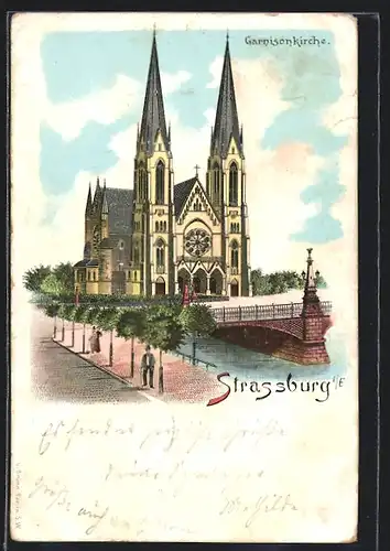 Lithographie Strassburg, Darstellung der Garnisonkirche