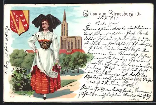 Lithographie Strassburg i. Els, Strassburgerin vor dem Münster, Wappen