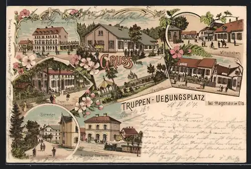 Künstler-AK Hagenau im Els., Truppen-Uebungsplatz, Hôtel-Restaurant Hirsch, Gasthäuser, Depot-Kantine