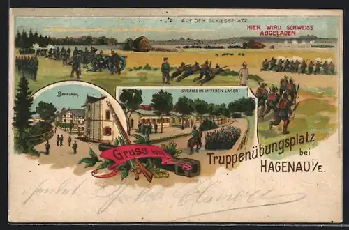 Künstler-AK Hagenau i /E., Truppenübungsplatz, Baracken, Strasse im unteren Lager mit Soldaten