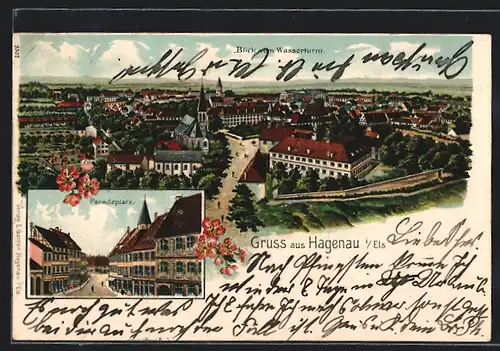 Lithographie Hagenau i. Els., Paradeplatz, Blick vom Wasserturm