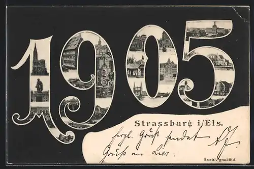 Passepartout-AK Strassburg, Kirche, Denkmal u. weitere Stadtansichten im Jahreszahlen-Passepartout