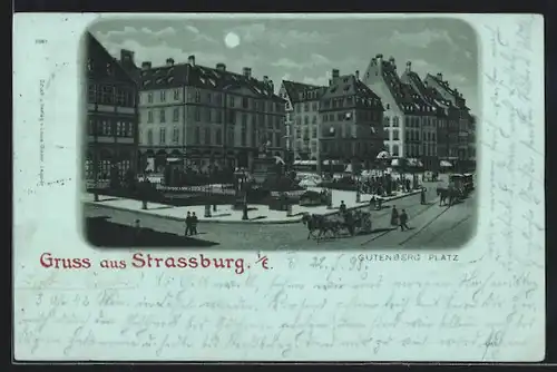 Lithographie Strassburg, Gutenberg-Platz, Pferdebahn